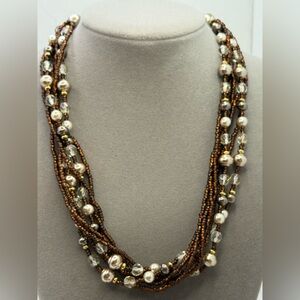 Napier Multi Strand Beaded Necklace NWT Brown Pearl Crystal Gold Tone Boho